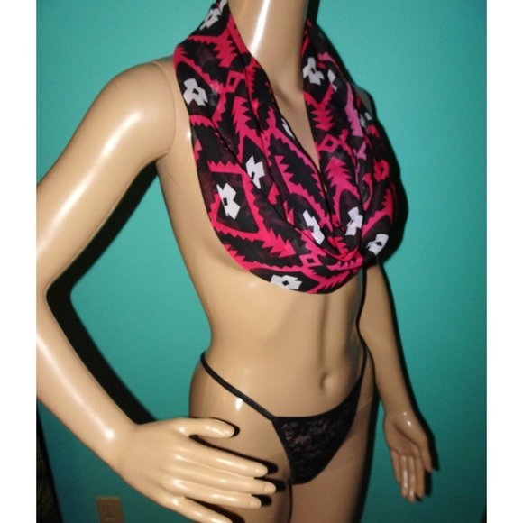 Vintage Black & Pink Southwest Motif Infinity Scarf semi sheer head wrap - Picture 7 of 14